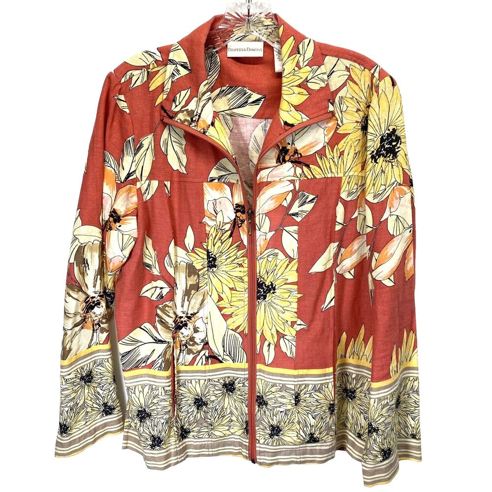 Drapers & Damons Women's Light Jacket Size S Linen Blend Full Zip Floral Print